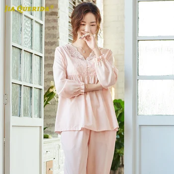 

Solid New Soft Pink Long Sleeve Long Pants Sleepwear Fashion Style Casual Style 100% Cotton Pajamas for Woman Pj Set Elegant