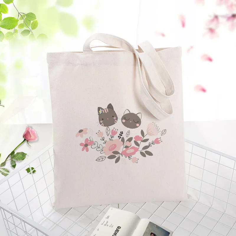 

cat Canvas Tote Bag Shopping Bag Custom Print Logo Text DIY Daily Use Eco Ecologicas Handbag Reusable Recycle