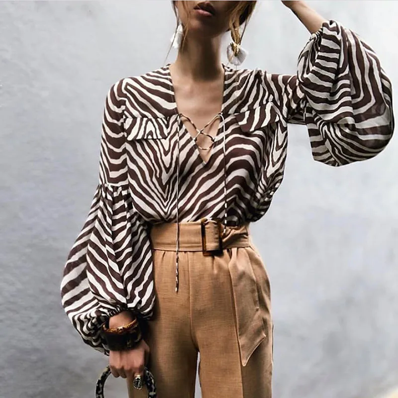 

Summer Zebra Pattern Chiffion Blouse Women Casual Loose Beach Style Lantern Sleeves Shirts Ladies Tops