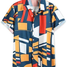 ZAFUL Men's Color Blocking Geometric Print Short Sleeve Hawaiian Printed Male Blouse Tops Casual Loose Buttons shirt Streetwear