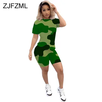 

Casual 2 Piece Matching Set Summer Clother For Women Camouflage Print Short Sleeve Slim Top And Fitness Short Sporty Tracksuits