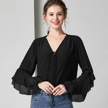 

black chiffon silk blouse for women high quality long sleeve 4XL plus size casual sexy office dress shirts loose dropshipping