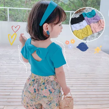

Summer girls t shirt Baby tee kids tops Children clothes toddler pullover candy color backless big bow hollow out 1 to 7 yrs
