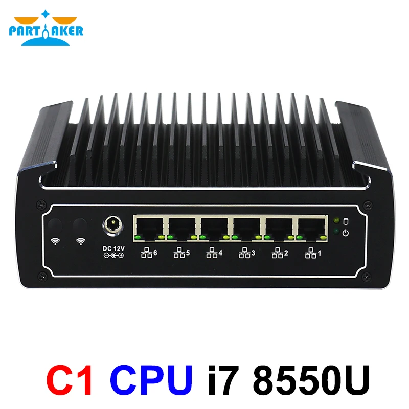 Partaker 6 Lans Mini Sever 8th Gen Kaby Lake R Intel i7 8550U Quad Core Fanless Firewall PC Network Router Support I211-AT Lan partaker c5 fanless mini pc pfsense firewall appliance quad core j4125 2 0ghz vpn 4 i211 at lan network router onboard 8g emmc