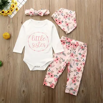 

Spring Long Sleeve Bodysuit Floral Pants Headband Hat Clothing 4PCS Outfits Toddler Infant Newborn Baby Girl Clothes Set
