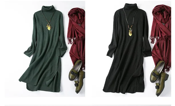 Осень, черное платье-свитер с высоким воротником, однотонное, смешивание шерсти, вязаное длинное платье с разрезом