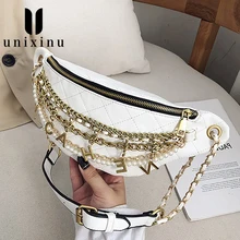 Высококачественная кожаная женская сумка на плечо с металлическими буквами и цепочкой, Женская популярная сумка с жемчугом, Женская поясная сумка