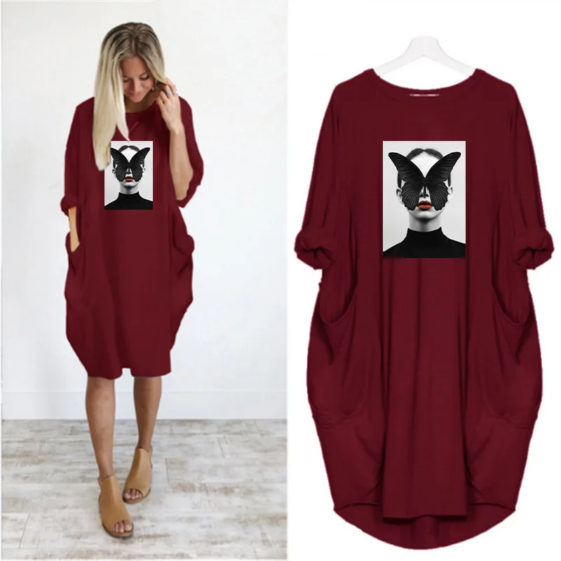 Plus Size Nordic Art Dress Butterfly Girl Cool Women Midi Dresses O-Neck Autumn Thin Long Sleeve Pockets Loose Party Vestidos