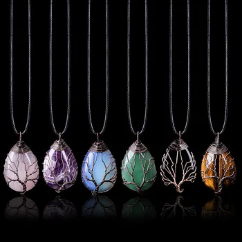 

Natural Stone Crystal Drop-Shaped Wire Wound Lucky Tree Pendant Necklace Women Romantic Jewelry Choker Girlfriend gifts