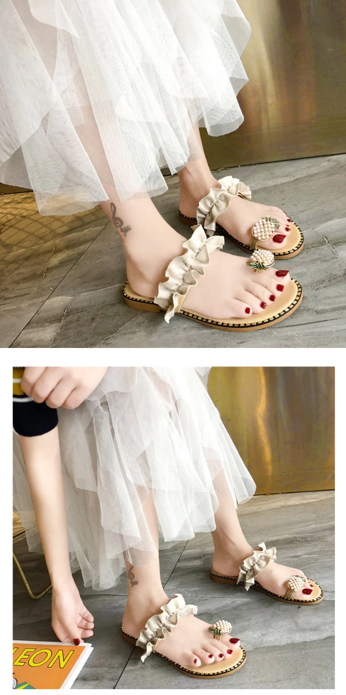 NAN JIU/женские шлепанцы в горном стиле; коллекция года; обувь ручной работы с жемчугом на плоской подошве; тапочки с ананасом в сказочном стиле; большие размеры 35-43
