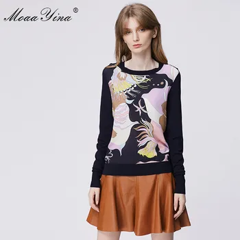 

MoaaYina high quality Fashion Spring Autumn Long sleeve Knitting Tops Women's Elegant Print Silk Wool Sweater Pullovers