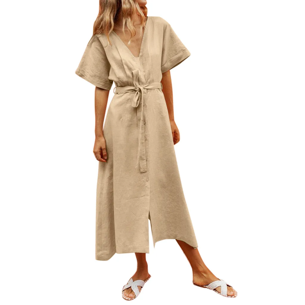 

SAGACE Women's short-sleeved solid color button beach dress fashion casual v-neck loose casual dress autumn and winter