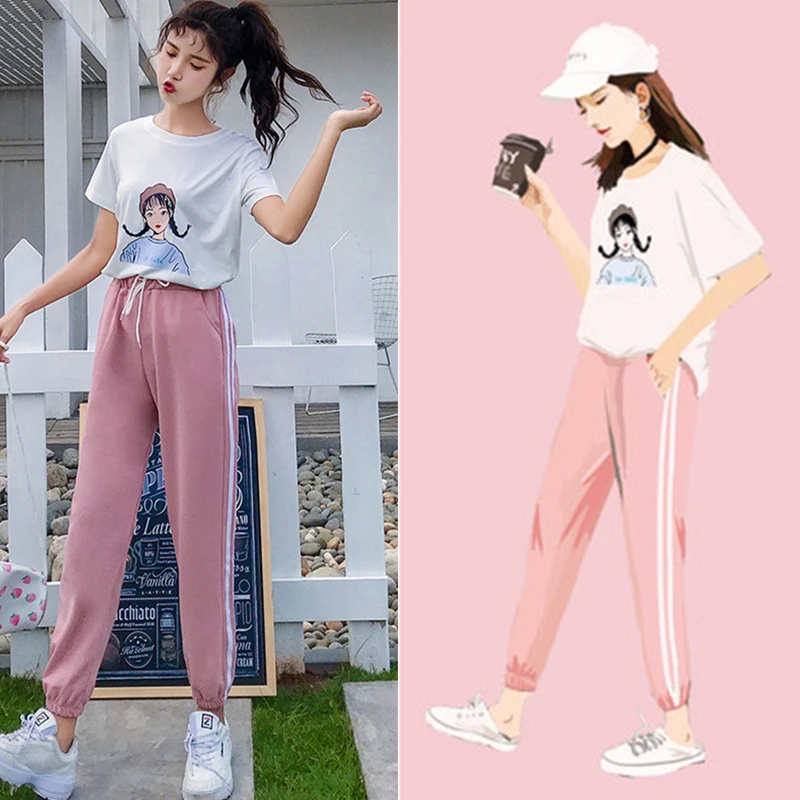 

Harajuku summer two-piece loose clothing printed short-sleeved T-shirt + stitching color comfortable sweatpants two-piece suit
