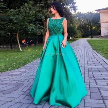 

Beading Satin Evening Dresses with Crystal Pearls 2020 Scoop Neck Sexy Backless Sleeveless Prom Dress with Pockets A Line Long