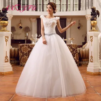 

AXJFU beauty flower lace white wedding Dress vintage o neck beading crystal ruffles sleeveless flower ball gown wedding dress
