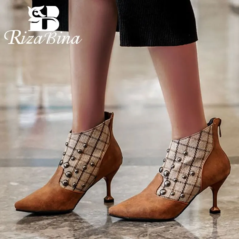 

RIZABINA Plus Size 32-48 Winter Warm Ankle Boots Women Pointed Toe Thin High Heels Shoes Rivets Zipper Office Ladies Footwear