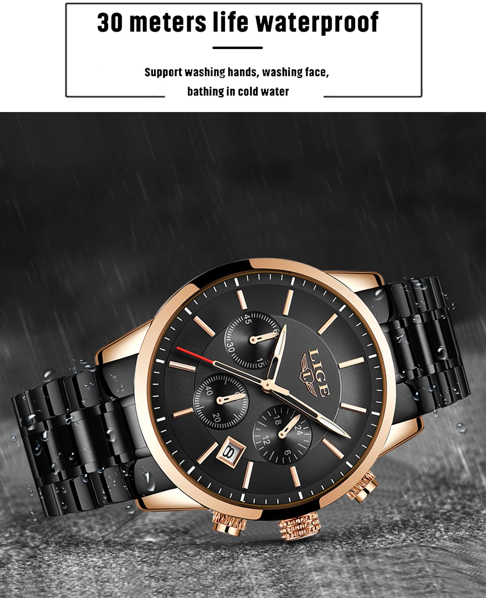 Часы мужские люксовый бренд LIGE Бизнес Мужские часы со светящейся датой водонепроницаемые полностью Стальные кварцевые часы Relogio Masculino
