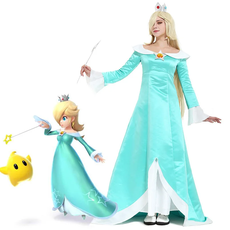 Galaxy Rosalina Cosplay Costume with Crown Earrings Woman Light Blue Dress Halloween Outfit
