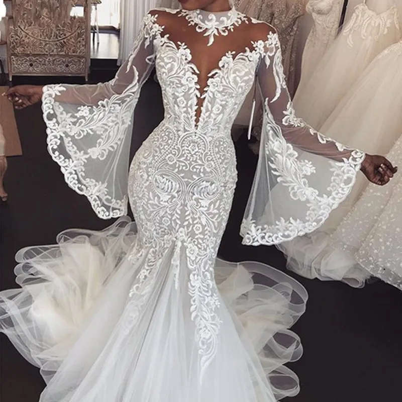 Роскошное Свадебное платье с аппликацией robe de mariee Пышный рукав Свадебное женское платье Дубай женские платья сексуальные прозрачные vestido de noiva
