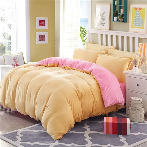 yellow camel pink Зимнее постельное белье из флиса Комплект Реверсивный пододеяльник двухсторонний фланель плоский лист 3/4 шт. домашний текстиль постельное белье Домашний постельное белье caroset - Цвет: yellow camel pink