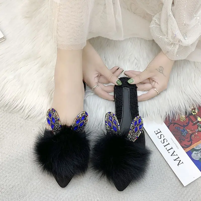 

Plush Slipper Women's Natural Wool New Style Versitile Fashion Outer Wear Autumn And Winter Closed-toe WOMEN'S Shoes Flat Semi-S