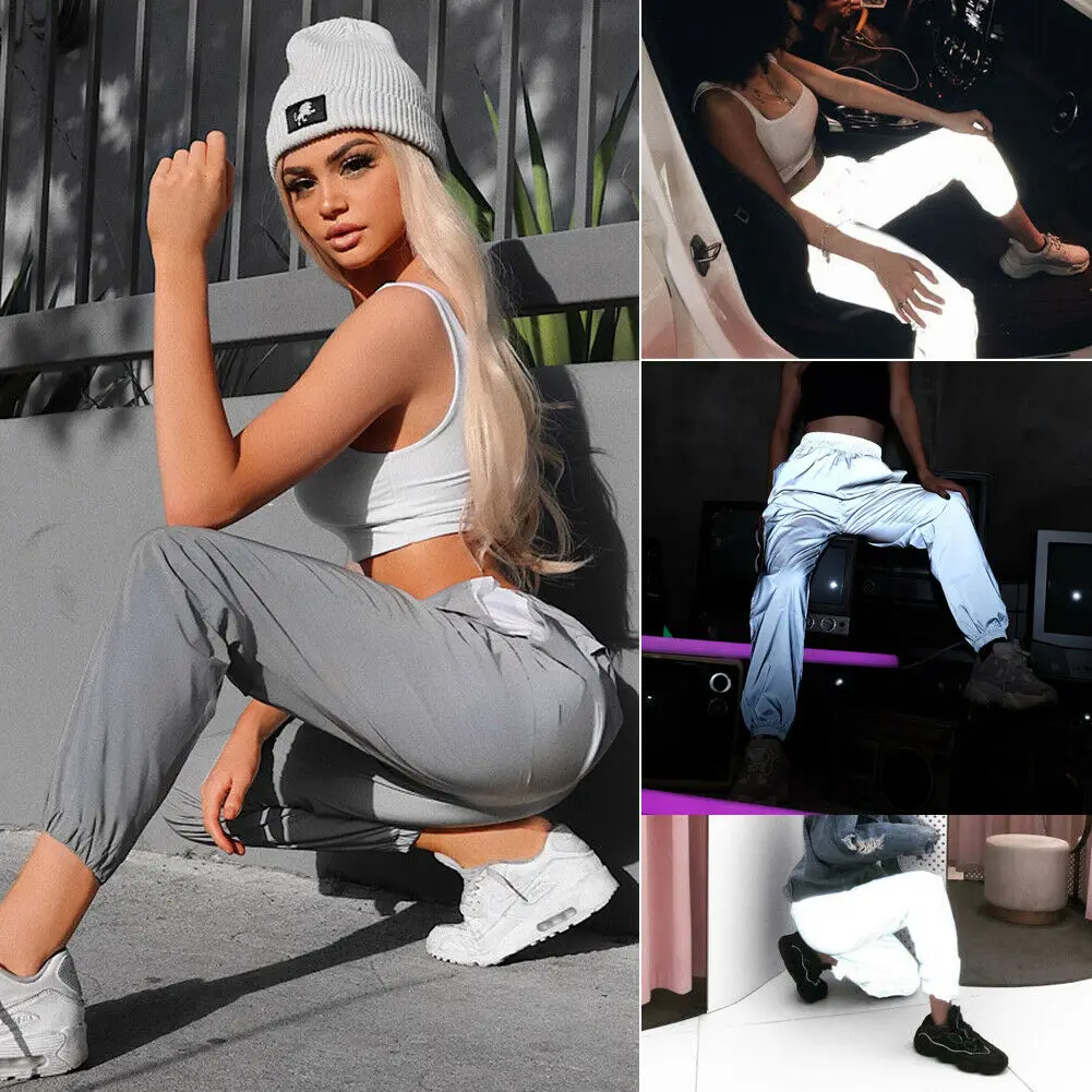 

Hot Autumn New Night Reflective Cargo Pants Women Solid Color Casual Loose Pants Streetwear Joggers Hip Hop Pants Set