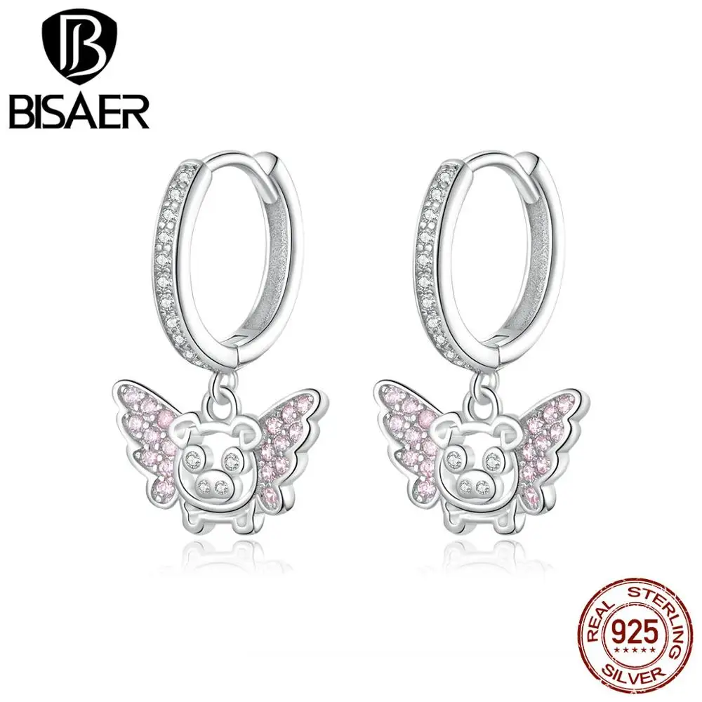 BISAER 925 пробы серебряные Роскошные ювелирные изделия милые летающие подвески в виде Свинки Висячие серьги для женщин и девушек модные висячие серьги GAE224