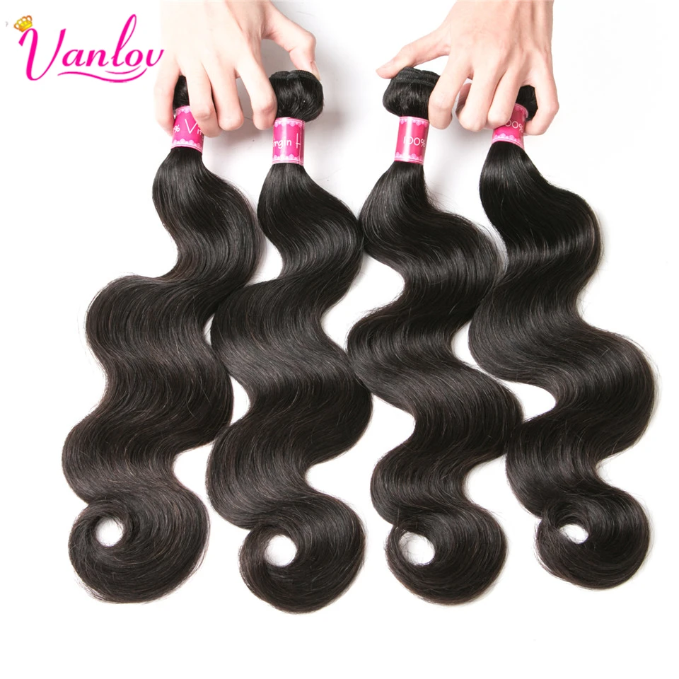 Vanlov Peruvian Body Wave 4 Bundles With Closure 5 Pcs Human Hair Bundles With Closure 4X4 Lace Remy Natural Jet Black Hair