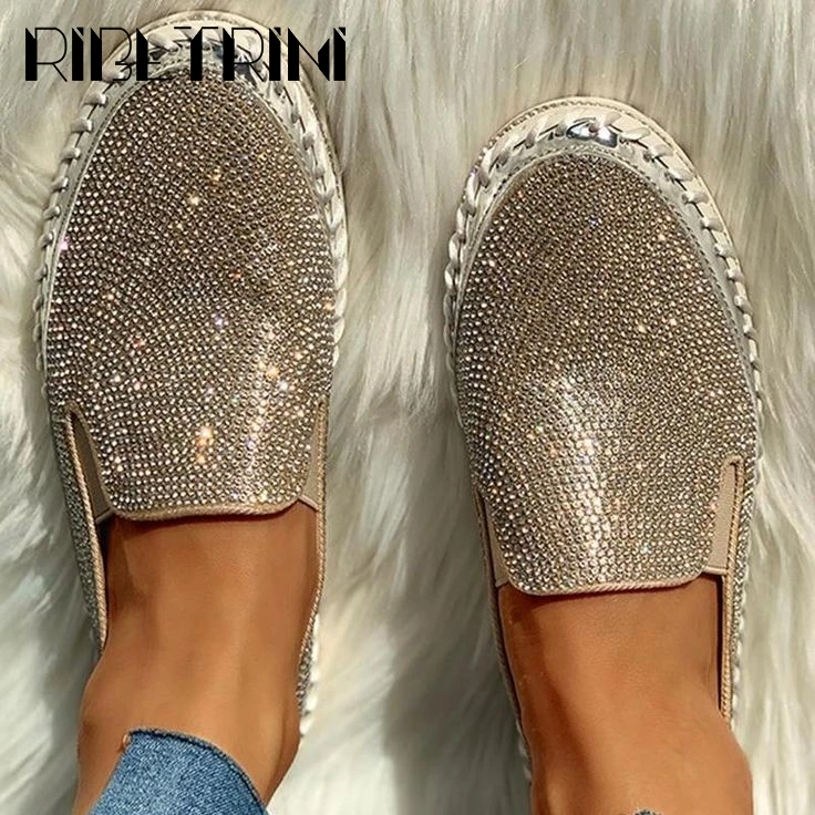 

RIBETRINI Large Size 43 Female Slip On Braethable Wearable Platform Shoes Shining Rhinestone Women Loafers Comfy Loafers