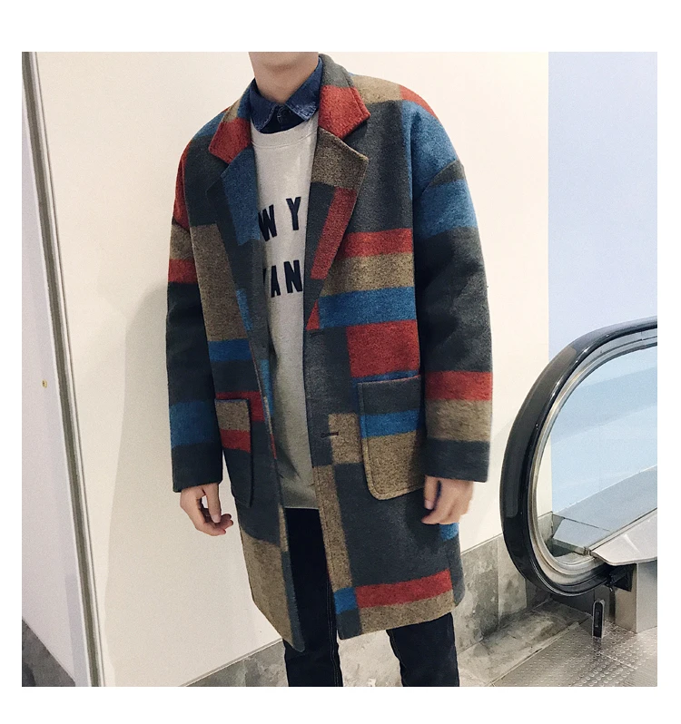 AreMoMuWha New British Wind Woolen Coat Men's Long Section Plus Cotton Woolen Coat Winter Retro Trend Lattice Windbreaker QX1385