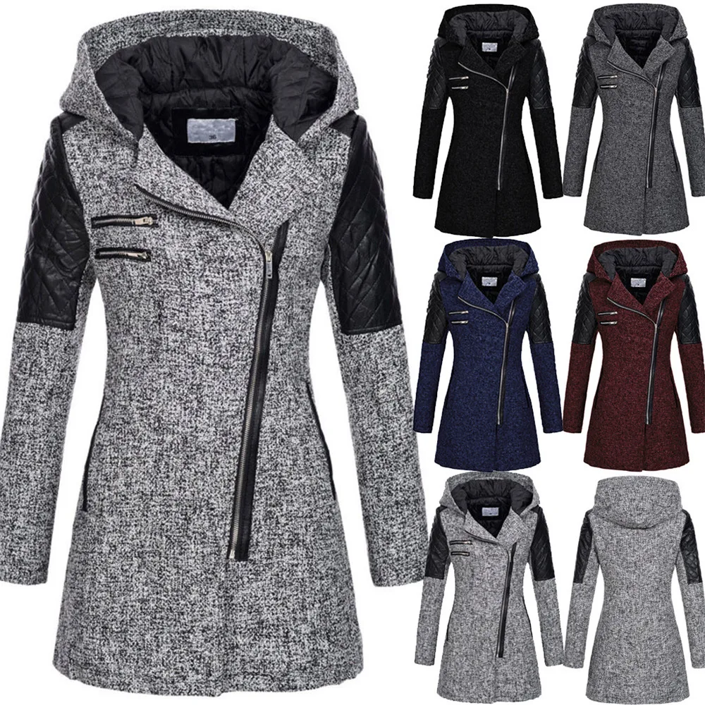 

Winter Womens Woolen Coat Fashion Contrast Color Panelled Zipper Pockets Hooded Slim Long Outerwear Plus Size Clothing