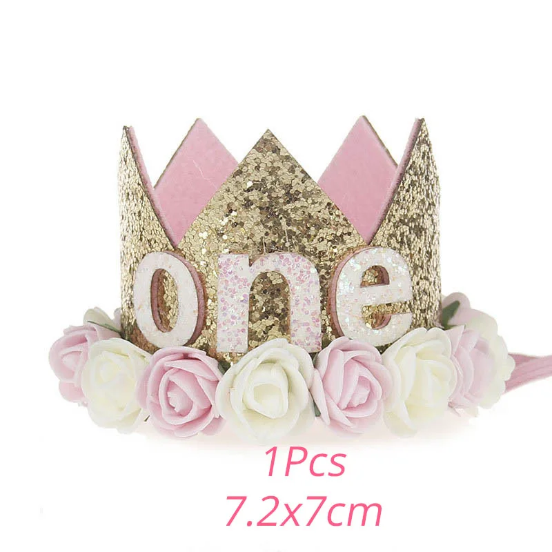 1st Birthday Party Decor Hat Kids 1 2 3 Year Happy Birthday Boy Girl First Party Baby Shower Decor Pink Crown Hat