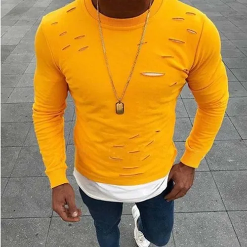 Для мужчин мальчик с длинным рукавом шикарные рваные отверстия Slim Fit хлопковая футболка черный, розовый, желтый топы новинка A66 - Цвет: Цвет: желтый