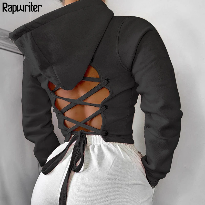

Cross Bandage Tie Up Backless Black Hoodie Sweatshirt Women 2020 Autumn Long Sleeve Harajuku Pink Hoodies Pullover Crop Tops