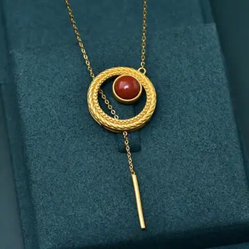 

personality with 925 sterling silver plated hollow out round Mosaic south ancient gold red pendant chain of clavicle