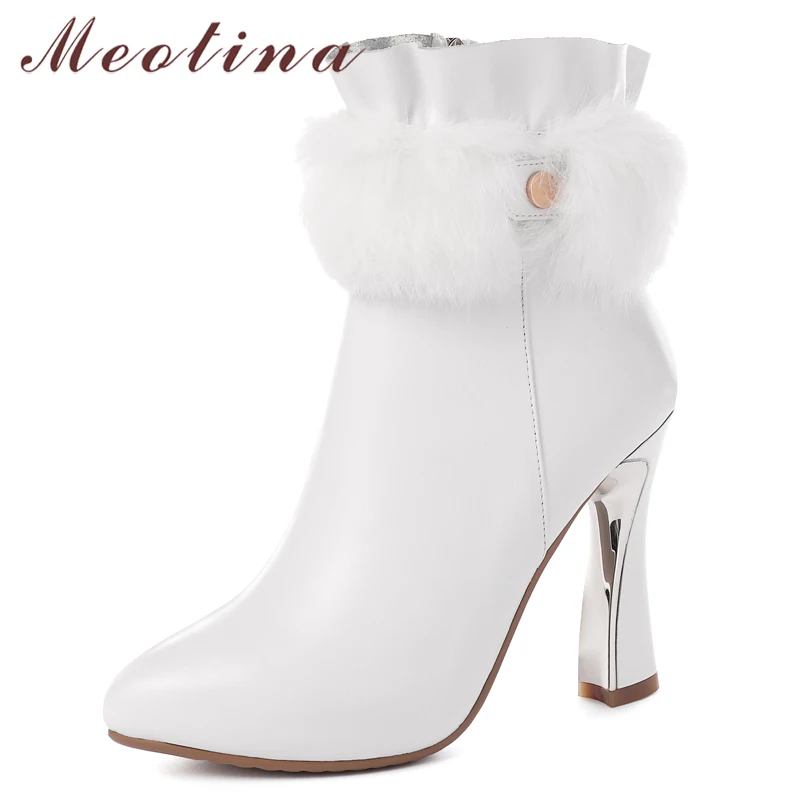

Meotina Winter Ankle Boots Women Natural Genuine Leather Strange Style High Heel Short Boots Fur Zipper Shoes Lady Autumn 34-39