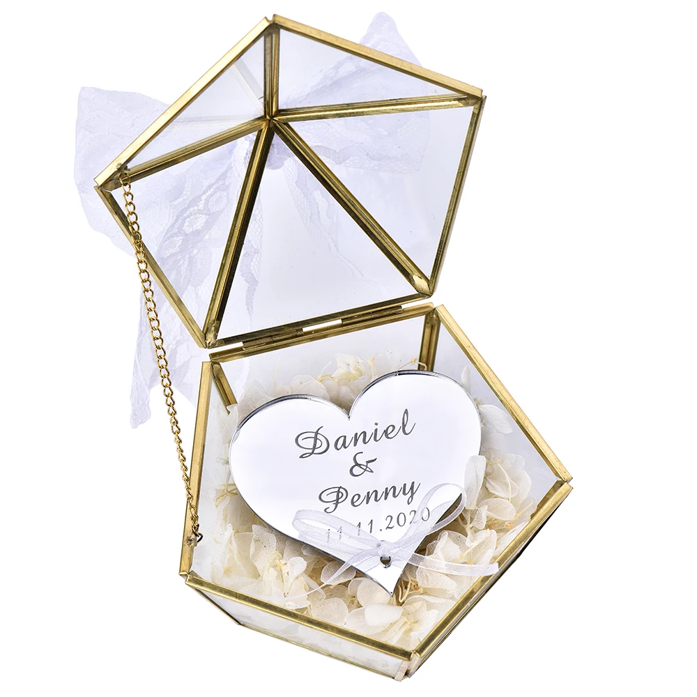 Style 11 Personalized Engraved Name Wedding Glass Ring Box Pillow Jewelry Box Pentagon Geometric Copper Ring Holder Customized Favor - Цвет: Style 11