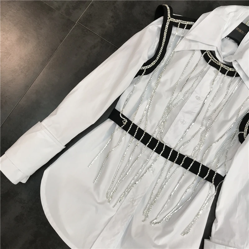 Новинка, осенняя одежда, жилет со стразами, пальто из двух частей, Женская Однотонная рубашка с двойным воротником