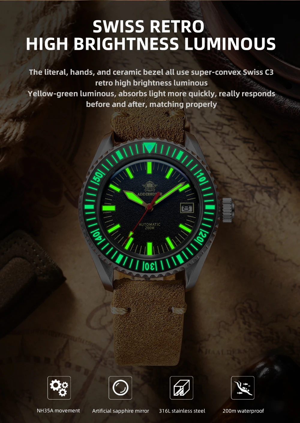 Addies Dive Men Watch AD2105 Sapphire Glass C3 Luminous Watch 20Bar Diver Calendar Display Ceramic Bezel NH35 Automatic Watches