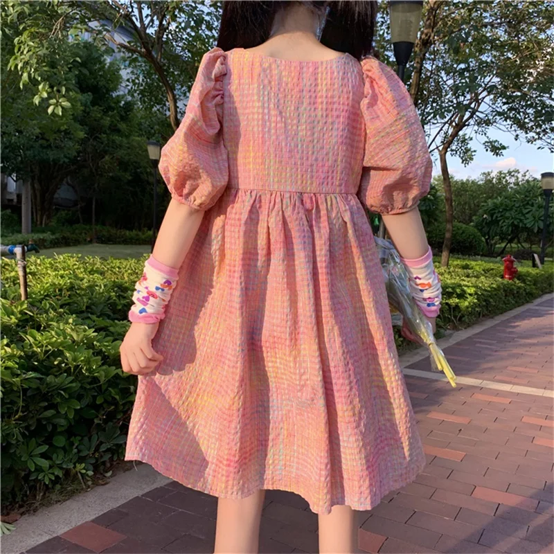 Japanese Sweet Kawaii Elegant Mori Girly Fairy Women Dress 2020 Summer Preppy Style Square Collar Bow Puff Sleeve Ruffles Female
