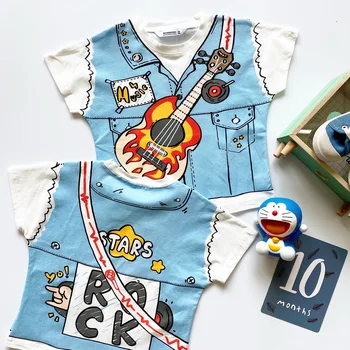 

Tonytaobaby Children Model Guitar Rock and Roll Star Handsome Fashion-Style Cool Pure Cotton Short-sleeved T-shirt