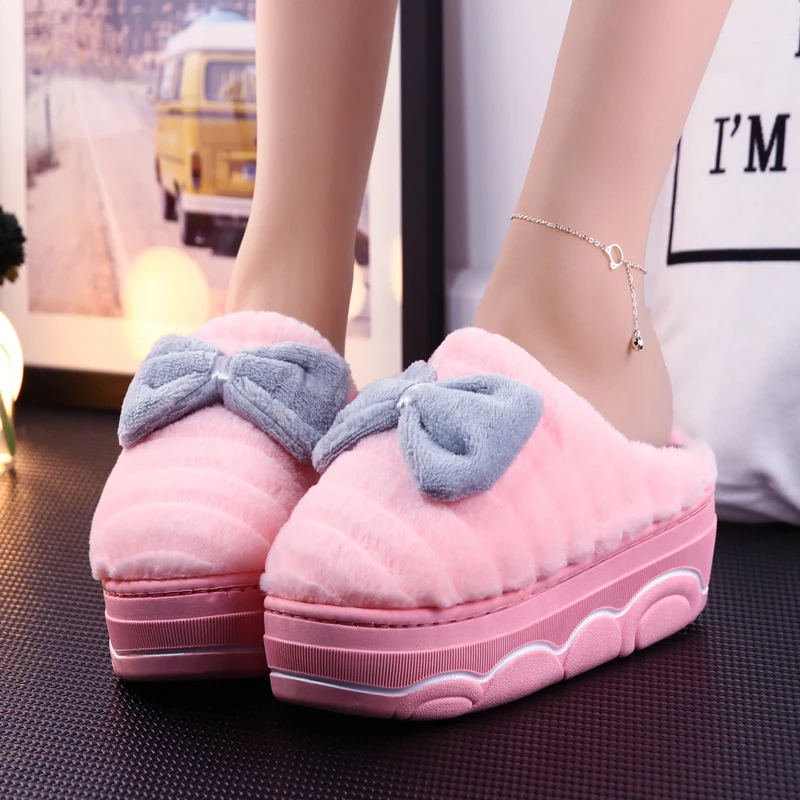 

Women Fur Slippers Winter Warm 5cm High Heels Cute Bow Thick Bottom Platform Cotton Slippers Ladies Home Indoor Outdoor Shoes