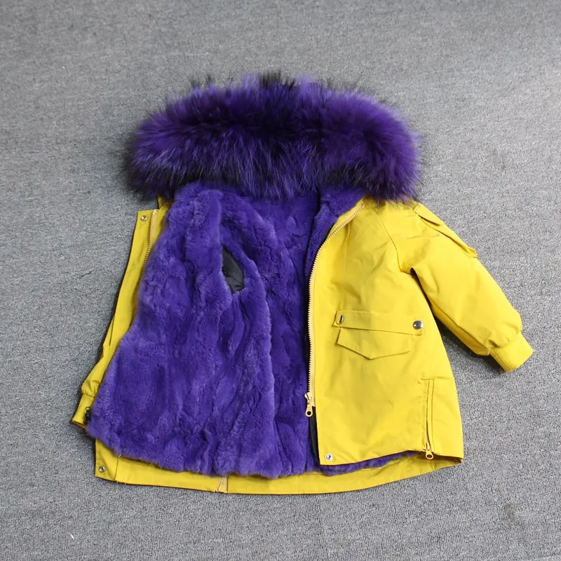 yellow purple fur Для маленьких мальчиков детская зимняя куртка, детская куртка-пуховик для девочек зимняя куртка для детей в Зимняя куртка для девочек и мальчиков детские линией натурального меха кролика, парка, пальто - Цвет: yellow purple fur