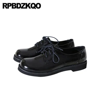 

flats china spring autumn black high quality ladies round toe designer shoes women luxury 2019 lace up female patent leather