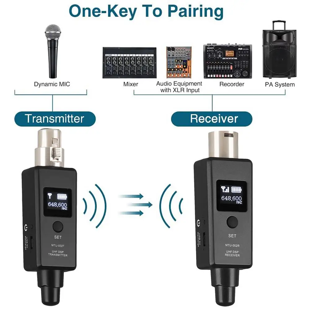 Wireless Microphone Transmitter Receiver System Xlr Connection Builtin Rechargeable Battery For