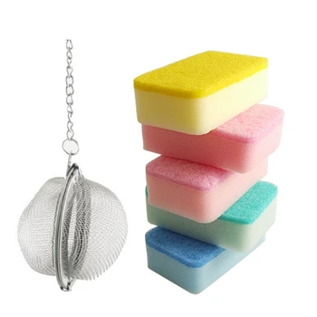 

5 Pcs Dish Bowl Cleaning Two Texture Sponge Pad & 1x Stainless Steel Sphere Mesh Infuser Spice Ball Tea Strainer