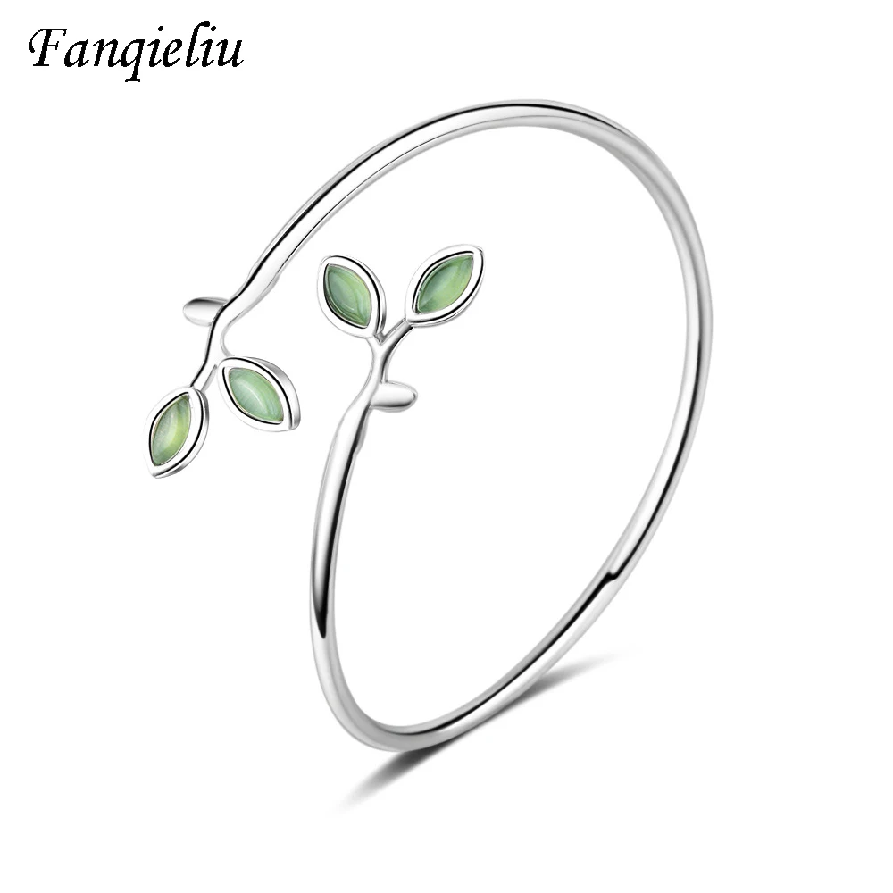 

Fanqieliu Green Oliver Leaf Vintage Bangles Woman 925 Sterling Silver Bracelets For Women Plant Cuff Bracelet FQL20350