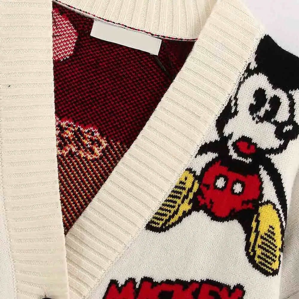 Disney Stylish Mickey Mouse Cartoon Print V-Neck Cardigan Single-breasted Streetwear Women Sweater White Knitted Long Sleeve Top