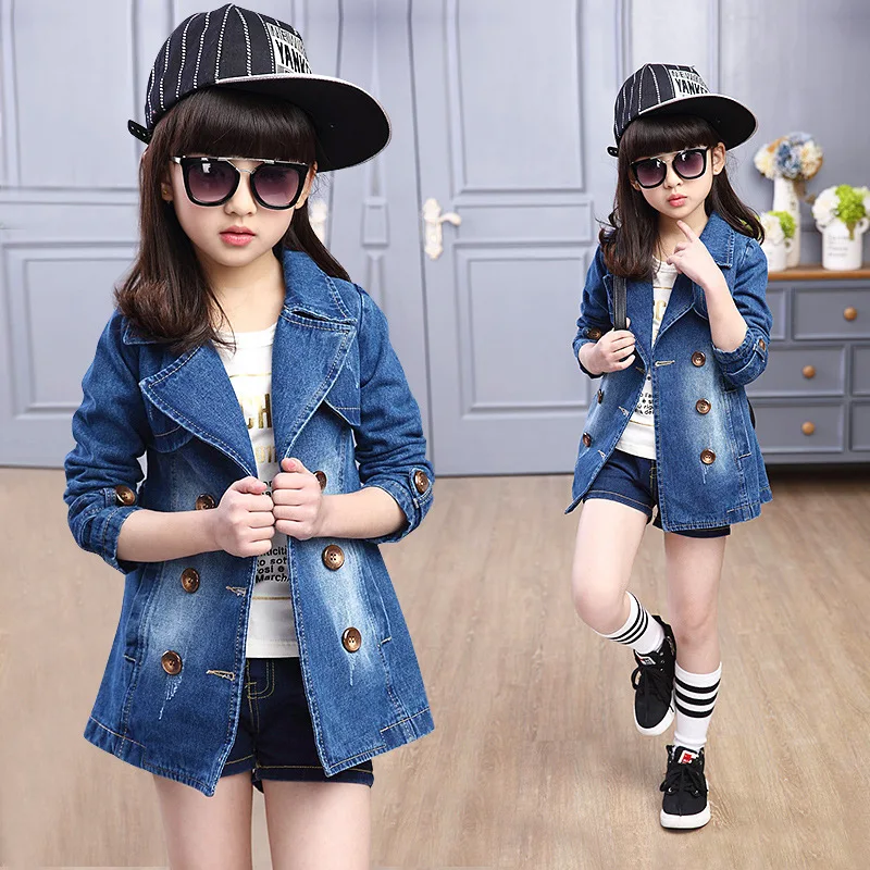 

Spring Clothing Jeans Coat for Girls Denim Jackets Cartoon Children Outerwear Kid Active Autumn Clothes Teenager Long Trench Top