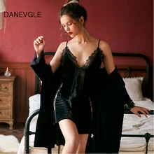 Дамская осенняя и зимняя сексуальная теплая ночная рубашка два комплекта золотого бархата Глубокий V Пояс какао разобранный нагрудный коврик ремень ночная рубашка